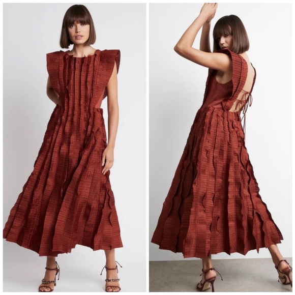 Aje Hybrid Pleated Ruffle Midi Dress Size 6 US / 10 AU - Picture 2 of 15
